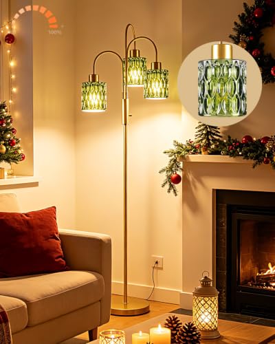 Image of 70 inch Glass Floor Lamp, 3-Light Gold Dimmable Standing Tall Lamp with Green Ribbed Glass Shades &3PCS 3000K Warm White Bulbs, Modern Tree Pole Lamp for Living Room Bedroom Home Decor