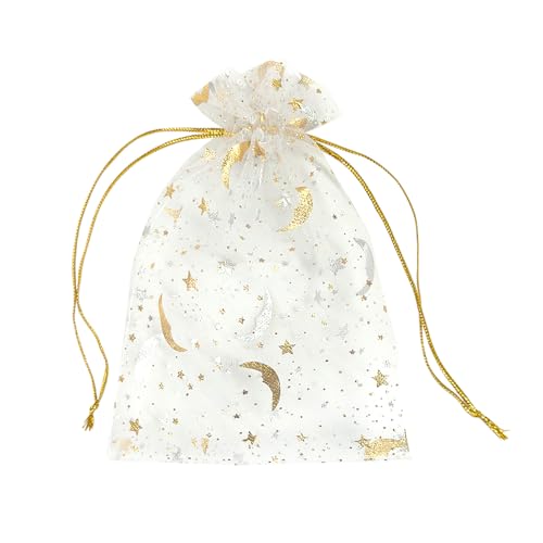 Image of YHJZ 100PCS Moon Star Organza Bags, 4x6 inches (10x15cm) Small Mesh Bags Drawstring, Jewelry Gift Bags for Wedding, Party, Festival, Makeup (White)