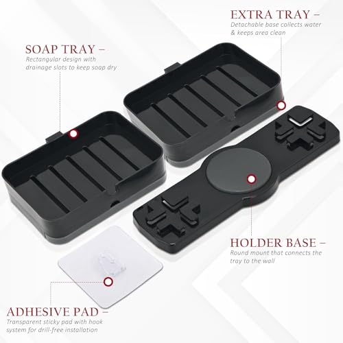 Image of Pack of 3 Plastic Self-Adhesive Double Layers Soap Holder for Bathroom Wall with Removable Drain Tray | No Drill Stickable Soap Stand for Kitchen Sink | Black