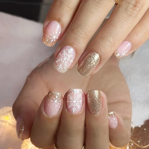 Gold Press on Nails Short Square Fake Nails with Designs Snowflake Stick on Nail Christmas Acrylic Nail French Artificial Nail Glitter Full Cover Glue on Nails for Women 24Pcs