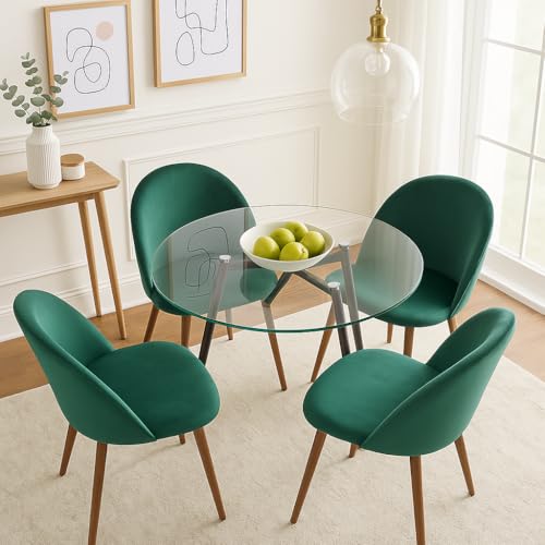 Image of Round Glass Dining Table Set for 4, 31.4 inch Tempered Glass Kitchen Table with 4 Green Velvet Upholstered Chairs, Modern Small Space Dining Room Furniture, Mid-Century Style