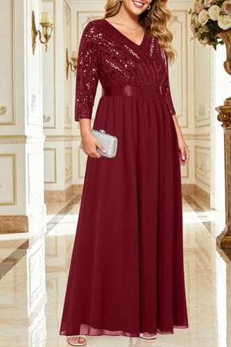 Image of Talisea Womens Plus Size Formal Dresses - V Neck 3 /4 Sleeve Sequin Prom Evening Gowns Long Maxi Dress