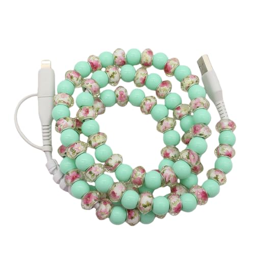 2026 New Beaded Charging Cord, 2 in 1 Bead Charger Cord, Colorful/Metallic/Pearl Dazzle Bead Phone Charge Cable, 3.3ft USB Cable Type C for iPhone (Green)