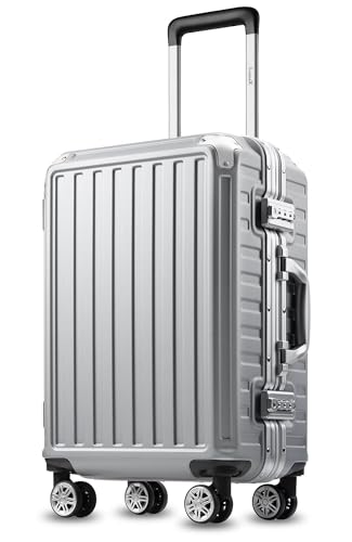 LUGGEX Carry On Luggage with Aluminum Frame, 36L Polycarbonate Zipperless Luggage with Wheels, Silver Hard Shell Suitcase 4 Metal Corner
