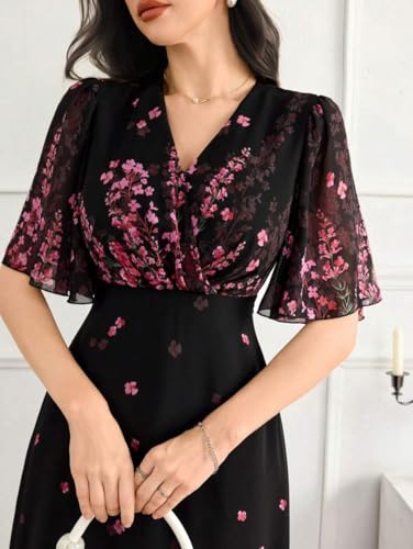 Image of Women's Georgette Dresses Floral Printed One Piece | V Neck Flutter Sleeve Casual Summer Dress with Belt | Elegant Office Wear & Party Dress