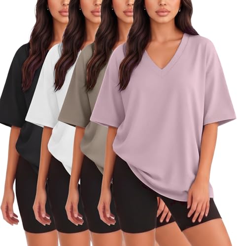 Kinglaman 4 Pack Oversized TShirts for Women, Short Sleeve Drop shoulders Plus Size Baggy Dry Fit T Shirts Tops Tees for Casual or Athletic 1 Black 1 White 1 Dark Pink 1 Khaki X-Large