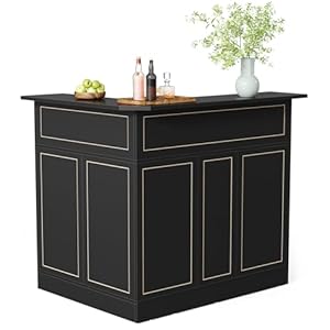 LITTLE TREE Black Bar Cabinet, 4-Tier Home Mini Bar Cabinet with Stemware Rack, Freestanding Wooden Storage Cabinet, Modern L-Shaped Liquor Table Cabinet for Living Room, Dining Room