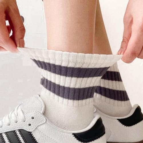 Image of Crew Socks for Womens Cushioned Cotton Striped Quarter Vintage Retro Running Sock 5 Pack C
