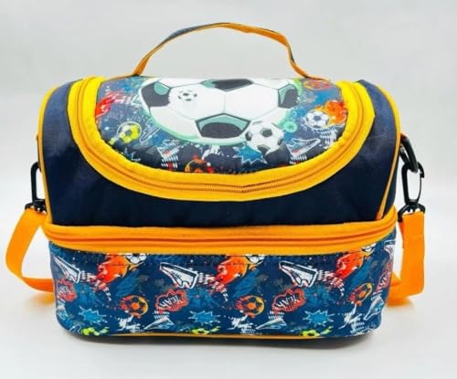 Image of Ji and Ja Polyester Multi Compartment Dual Slot Lunch Bag Double Insulated Tiffin Lunch Bag with Multi Zipper Pockets for School (Football), 7 Liters
