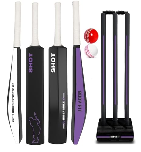Image of Bodyfit Shot Premium Cricket Bat for Men, Women & Children | Lightweight| Full Size| | Hard Plastic Bat| Premium Cricket Wicket Set l 3 Stumps+2 Bails+1 Stand Set, 2 Balls (Black-Purple)