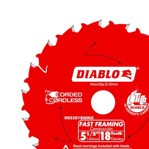 Image of Diablo Fast Framing Saw Blade for Wood - Hi-Density Carbide - 5-1 /2 inch Diameter, 18 ATB Teeth, 20mm Arbor, .049 inch Kerf, 18 Hook Angle, .039 inch Plate, 12000 Max RPM - D055018WMX