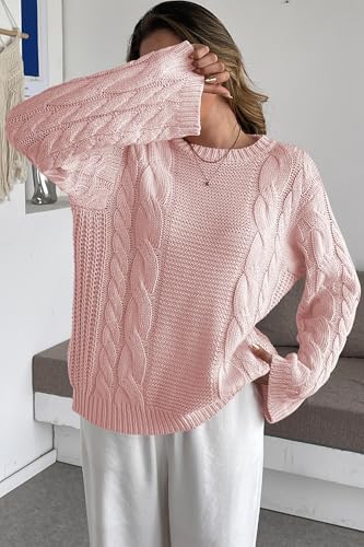 Image of Cakulo Womens Oversized Pullover Sweaters Bell Sleeve Chunky Cable Knit Sweater Crewneck Trendy Knitted Tops 2025 Pink M