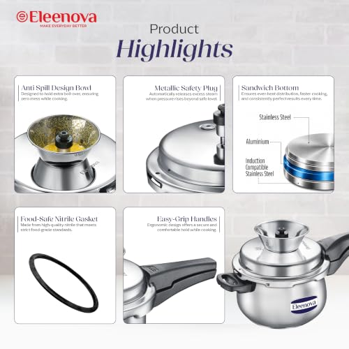 Image of Eleenova Legacy Stainless Steel Pressure Cooker 3 Litre Handi shape | Anti Spill Design | Gas Stove and Induction Compatible | Outer Lid SS Pressure Cooker | ISI Certified | 5 Year Warranty