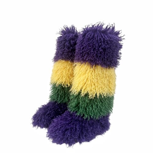 Mardi Gras Mambo FurBoots Faux Fur Tall Furry Boots For Womens Long Winter Boots For Girls Mongolian Fluffy Boots Fuzzy Knee-High Boots (Mardi Gras Mambo FurBoots 10 Adult Women 10 Numeric US Footwear Size System Medium)