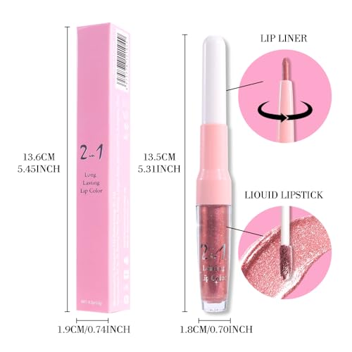 Image of evpct Pine Red Metallic Glitter Lip Liner and Lipstick Combo Lip Gloss Stain Set Makeup for Women Long Lasting Waterproof 24, Warm Pink Metallic Shimmer Frosted Iridescent Shiny Liquid Lipstick 09