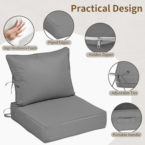 Image of 24x24 Outdoor Chair Cushions Set of 4, Waterproof Deep Seat Cushions for Patio Furniture with Removable Cover, Fade Resistant 4'' Outdoor Seat Cushion w /Ties&Handle for Sofa Loveseat,Light Gray
