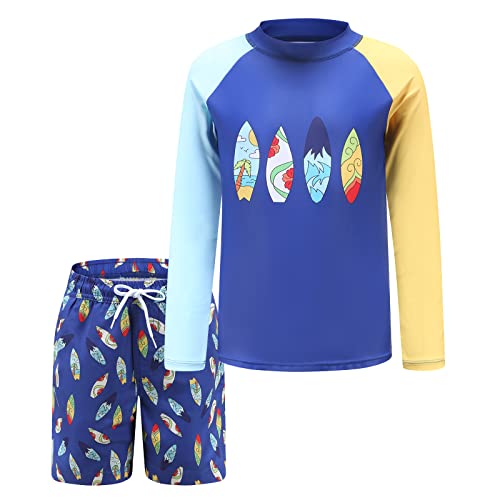 Image of Boys Two Piece Rash Guard Swimsuits Set with Swim Trunk Kids Long Sleeve Bathing Suit Swimwear Set