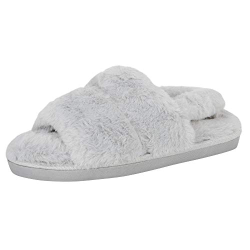 Jessica Simpson womens Plush Faux Fur Fuzzy Slide on Open Toe With Elastic Backstrap Slipper, Grey, Medium US