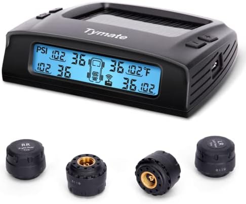 Tymate Tire Pressure Monitoring System - M7-3 TPMS Tire Pressure Monitor System with Solar Charger, TPMS w/ 5 Alarm Modes, LCD Display, Auto Sleep Mode, 4 TPMS Sensors, Easy to Install (0-87 PSI)