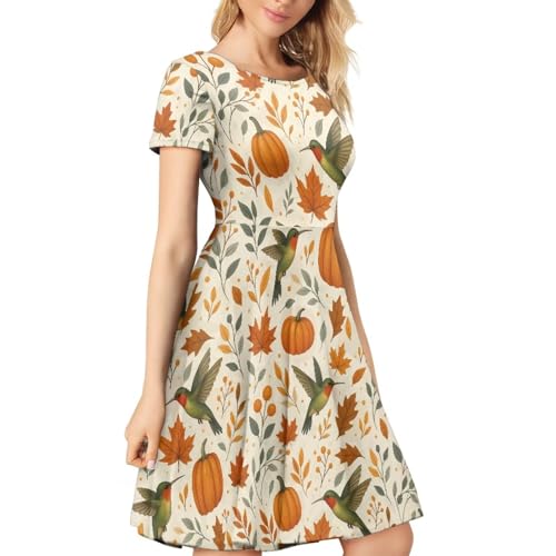 Image of HUGS IDEA Womens Puffy Swing Midi Dress Round Neck Short Sleeve Party A-Line Dresses