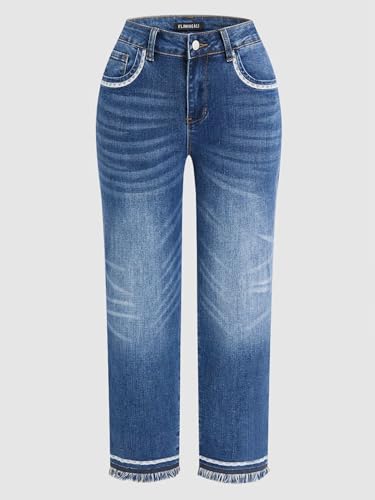 Flamingals Women Mid Waist Skinny Crop Jeans Raw Hem Wash Stretch Active Denim4