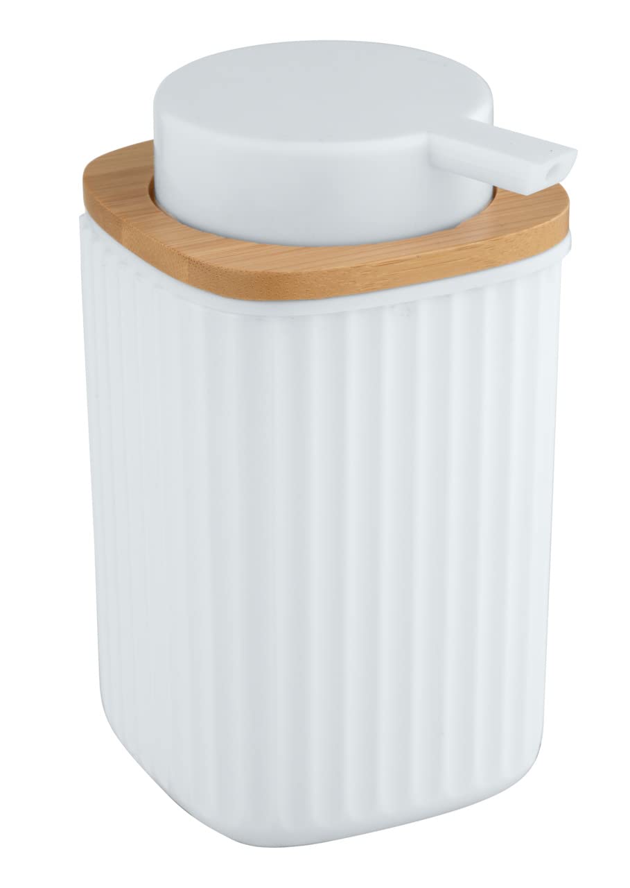WENKO Dispensador de jabón Rotello, dosificador recargable, capacidad de 250 ml, fabricado con plástico de calidad y detalles de bambú, apto para lavavajillas, 8,9 x 12,7 x 7,5 cm, blanco/natural The Forest Stewardship Council