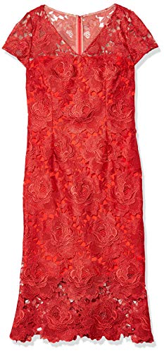 Carmen Marc Valvo Infusion Women's V Front Lace Cocktail Dress W/Higher Hem Lining, red, 4