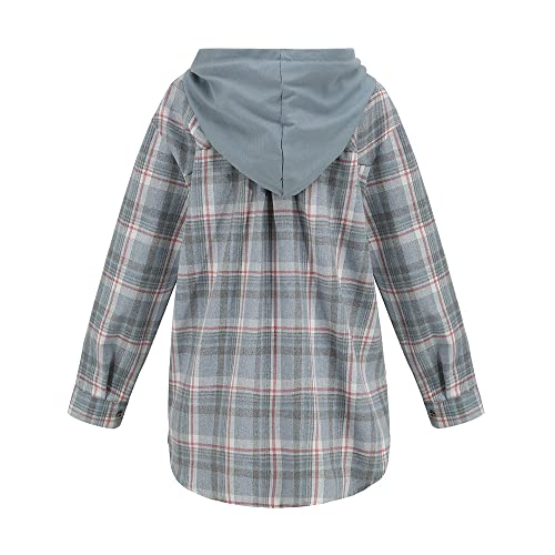 happlan Women's Hooded Flannel Plaid Button Down Shacket Brushed Shirt Jacket Coat Tops4