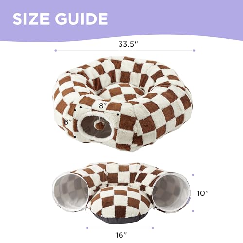 Image of Lesure Cat Tunnel Bed for Indoor Cats - Cute Cat Donut Tunnel Toys for Small Large Cats with Washable Circle Cushion, Round Pet Peekaboo Cave Toy for Kitten /Puppy /Rabbit, Standard Brown Checks