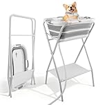 2 in 1 Foldable Dog Bathtub Washing Station, Elevated Pet Bath Tub with Drain, Large-Capacity Bathtub & Multi-Functional Clothes Drying Rack, for Small to Medium Dogs/Cats Shower & Grooming
