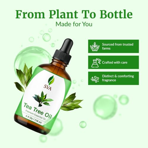 Image of SVA Tea Tree Essential Oil 4 Fl Oz - for Diffuser, Skin & Hair Care - Ideal for Massage & DIY Blends - with Dropper