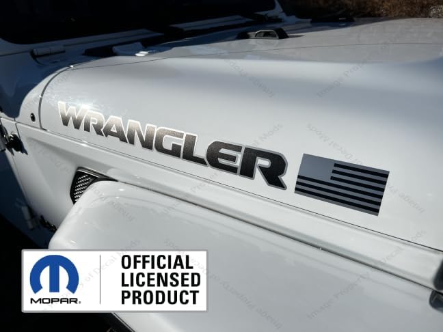Wrangler Hood Graphic USA Flag Decals fits Jeep Wrangler JK & JL (2018-2026) Matte Black with Metallic Silver USA Flag (Set of 2) CMS | UV1F1
