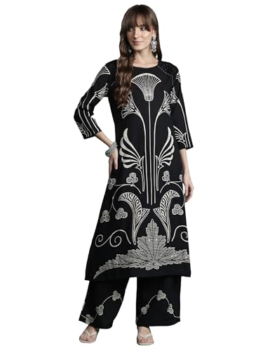 Image of INDO ERA Women's Straight Viscose Rayon Ethnic Motifs Printed Kurta & Palazzo Set (IESTR10489)