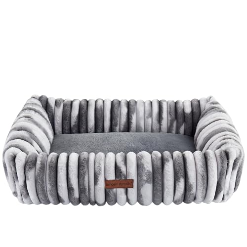 Image of Modern Threads Ribbed Plush Two-Tone Cuddler Dog Bed, Ultra-Soft Faux Rabbit Fur, Supportive Bolstered Sides, Removable Washable Cover, Bed for Medium to Large Dogs, Silver, (34 inch L x 25 inch W x 9 inch Th)