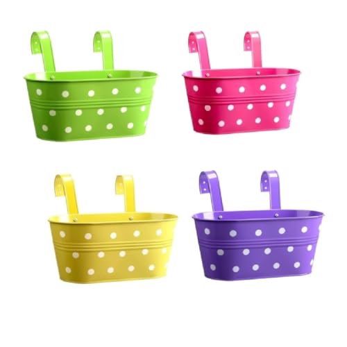 Image of 12 INCH Anti Rust Railing Oval Planter for Balcony & Garden with Detachable Handle | Hanging Flowerpot Holder | Metal Wall Planter for Indoor and Outdoor Decor (Multicolour Polka Dot, 4)