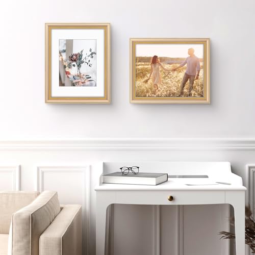 Image of Golden State Art,11x14 Ornate Picture Frame Holds 8x10 Photo,Champagne Gold | Includes real glass front,white mat,build-in hangers and buttons.Displays 8x10 photo on wall