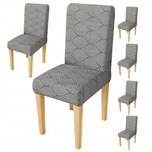 Image of Lukzer Elastic Dining Chair Cover - 6PC Pastel Dark Grey Leaf Trail | Textured High Stretch Jacquard Seat Cover | Removable Washable Short Dining Chair Cover Protector Seat Slipcover | (CC-125-06)