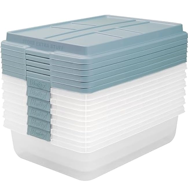 Hefty HI-RISE 40 Qt Stackable Storage Bins with Lids ¨C 6 Pack Clear Plastic Under Bed Storage Containers, Shoe Organizer Boxes with XL Lid-Locking Latches, Comfort-Grip Handles, Durable Double Rim