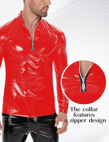 Image of Panegy Men's Liquid Shiny Leather Shirt Jacket Slim Fit Wetlook Party Nightout Club 70s /80s Disco Blouse Tshirt