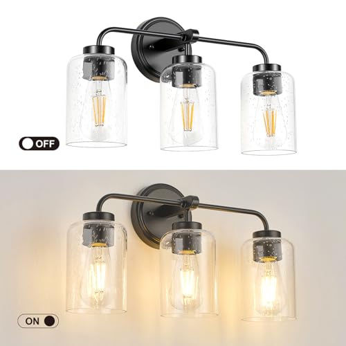 Image of 3-Light Bathroom Vanity Light Fixtures, 18 Inch Black Vanity Light | Thick Seeded Glass, Bathroom Wall Lamp for Mirror, Rust-Proof, Reversible Up /Down Mount, ETL Certified, E26 Ceramic Sockets