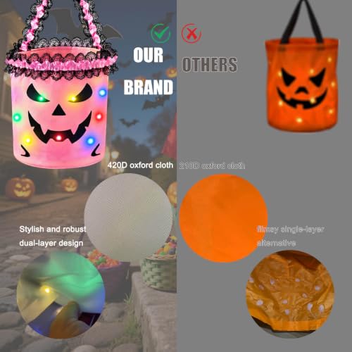 Halloween Trick or Treat Bags Candy Bucket, Upgraded Light Up Ghost Basket Decoration Multipurpose Reusable Goody Sweet Buckets for Scary Night Party Supplies Favors Festival Decor Gifts Pink 1 Pack - image 4