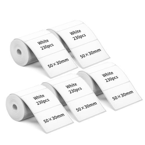 M110 Thermal Labels, 5Rolls 1.97"x1.18" for Phomemo Label Printer M110 M220 M200 M120 M221 Labels Print Master Label Refill, Marklife P50 Clabel 221B Label Tape 50x30mm 1150 Sheets White
