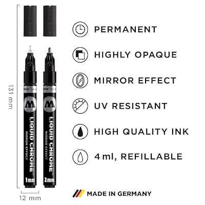 Molotow liquid chrome marker (with special ink for real mirror effect). 2 Piece 1 und 2 mm