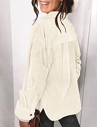 Saslax Womens Corduroy Shirt Long Sleeve Oversized Button Up V Neck Blouses Tops Loose Shacket Jacket With Pockets Beige Small #TOP4