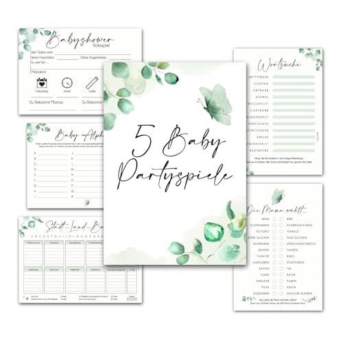 cozy racoon Babyshower Spiele Set, 5 Babyparty-Spiele (je 12 Stück) zum Ausfüllen - für Jungen und Mädchen I Persönliches Geschenk für Schwangere - Design Eukalyptus