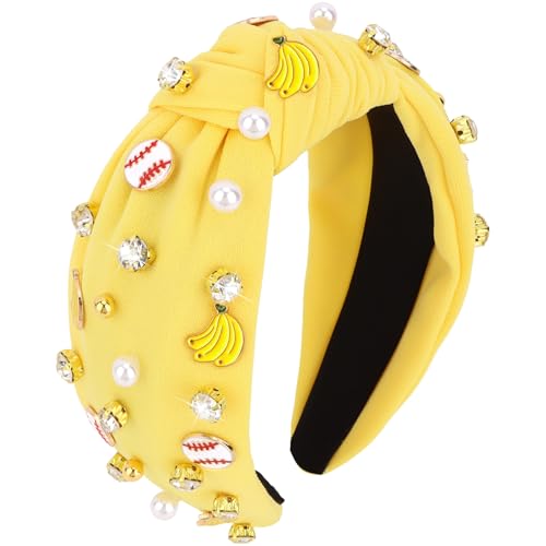 YARIEW Baseball Headbands for Women Wide Knotted Jeweled Banana Headband