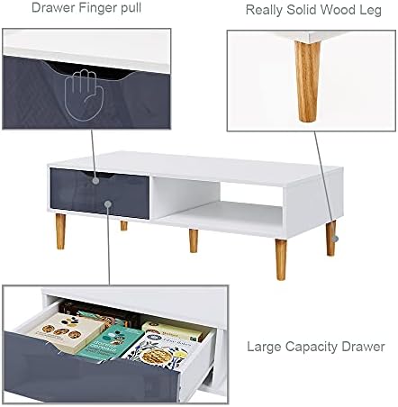 Panana Modern Coffee Table with Storage Drawer and Shelf Wooden Sofa Side End Table with Wood Leg High Gloss Front Panel Home Living Room Furniture White and Grey
