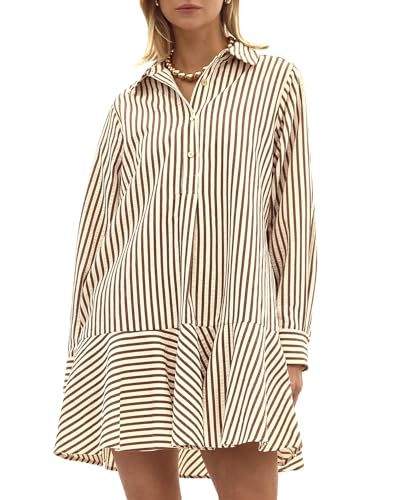 Womens Striped Shirt Mini Dress Long Sleeve Collared Ruffle Hem Button Up Tunic Flowy Swing Dresses2