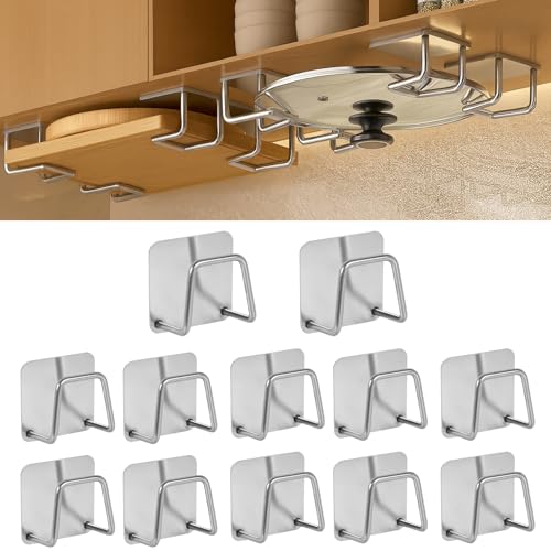 YCQDDA Under Cabinet Cutting Board Holder – 12 Pack Pot Lid & Chopping Board Organizer Rack, Stainless Steel Adhesive Storage for Kitchen Cabinets & Counter, No Drilling Required (Silver)