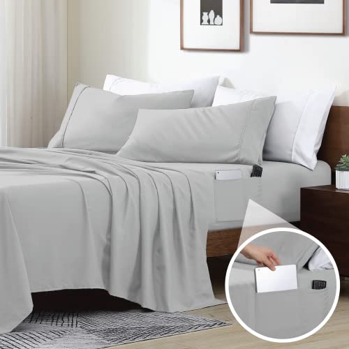 Swift Home Twin Bed Sheet Set with Double Side Pockets, Silver